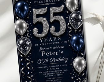 55th Birthday Invitation for Men, Navy Silver Birthday Party Invite, Editable 5x7 Canva Template, Milestone Birthday Invitation
