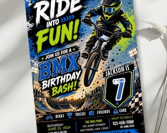 BMX Birthday Invitation, Bike Party Invite, Ride Into Fun Birthday, Editable Canva Template, Extreme Sports Boy Birthday