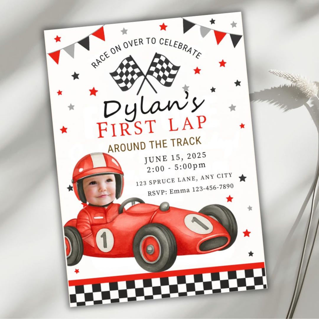 Race Car Photo Birthday Invitation Card, First Lap Around the Track ...