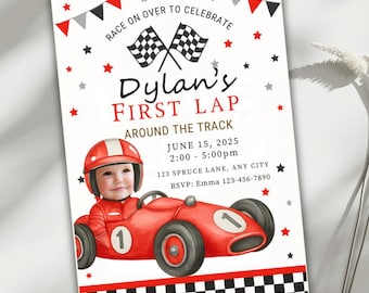 Race Car Photo Birthday Invitation Card, First Lap Around the Track, Fast One 1st Birthday, Editable Canva Template, Digital Download Evite