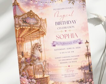 Carousel Birthday Invitation, Merry Go Round Party Invite, Vintage Editable 5x7 Canva Invitation, Girls Amusement Park Invite