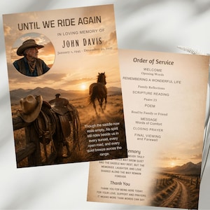 May include: Two memorial cards with a Western theme. One features a photo of a man in a cowboy hat, the text "UNTIL WE RIDE AGAIN" and "JOHN DAVIS". The other card lists an "Order of Service". Both cards have a sunset and horse image.