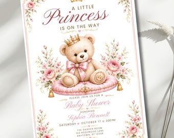 Princess Baby Shower Invitation, Little Princess Teddy Bear Invite, Pink Girl Baby Shower, Editable 5x7 Canva Template