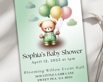 Green Bear Baby Shower Digital Invitation, Editable Canva Template for Gender Neutral Celebration, Instant Download, Bear with Balloons
