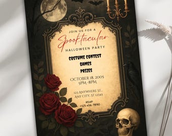 May include: A Spooktacular Halloween party invitation with a dark green background, a gold ornate frame, and a red rose. The text reads "Join us for a Spooktacular Halloween Party", "Costume Contest", "Games", "Prizes", "October 18, 2005", "5PM-8PM", "123 Anywhere St... Any City, ST 12345", and "RSVP +123-456-7890".