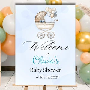 Vintage Baby Shower Welcome Sign Template, Blue Stroller Canva Sign, Editable Baby Boy Shower Poster, Printable Decor, Instant Download