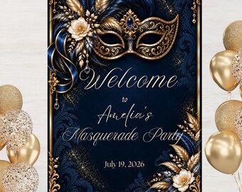 Masquerade Party Welcome Sign, Midnight Masquerade Birthday Sign, Black and Gold Party Decor, Editable Canva Template