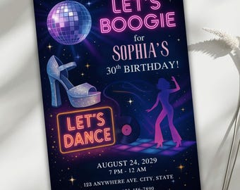 Könnte beinhalten: Eine Party-Einladung im Disco-Stil. Das Design zeigt eine Discokugel, einen High-Heel-Schuh und eine tanzende Figur. Der Text enthält "LET'S BOOGIE" und "LET'S DANCE" sowie Eventdetails für Sophias 30. Geburtstag.