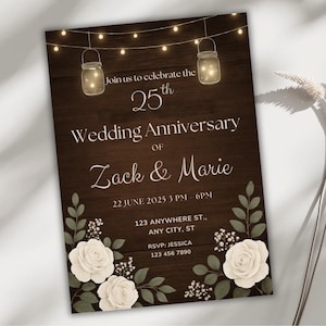 Invitación rústica de 25.º aniversario, plantilla de Canva con luces de madera y frascos de vidrio, descarga digital editable para cualquier año, tarjeta floral para fiesta.