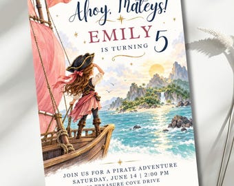 Pirate Party Invitation for Girls, Editable Pirate Birthday Invite, Pink Ship 5x7 Canva Template