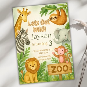 Faire-part d'anniversaire zoo, aquarelle Safari Jungle Party Evite, modèle de toile modifiable, invitation d'animal, téléchargement numérique pour enfants, accès instantané