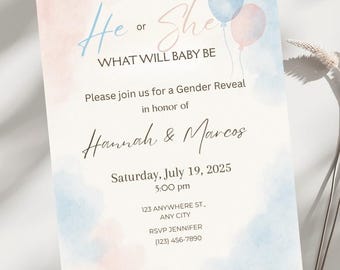 He or She Gender Reveal Invitation, Editable Digital Canva Template for Baby Shower, Instant Download, What Will Baby Be Evite, Party Invite