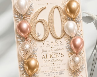 Invitación de cumpleaños número 60 para mujer, elegante invitación para fiesta de cumpleaños número 60, cumpleaños en tonos rosa champán y dorado, plantilla editable de Canva de 5x7 pulgadas.