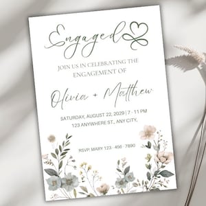Faire-part de fiançailles, modèle de toile numérique modifiable, faire-part de mariage floral personnalisable, téléchargement immédiat imprimable Party Evite