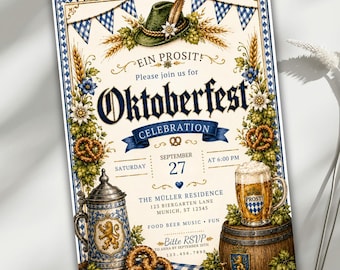 Oktoberfest Invitation, Bavarian Beer Party Invite, Editable 5x7 Canva Template, German Biergarten Party, Beer Festival Invite
