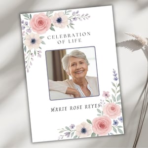 Invitation célébration de vie, modèle de carte commémorative florale rose pâle et lavande Evite, toile funéraire modifiable, téléchargement commémoratif imprimable