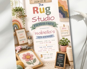 Rug Tufting Birthday Invitation, Rug Making Party Invite, Editable 5x7 Canva Template, DIY Craft Tufting Party, Creative Girls' Birthday