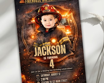 May include: A personalized birthday invitation with a firehouse theme. The invitation features a child in a firefighter uniform and helmet, with the name "Jackson" and the number "4" prominently displayed. Includes event details.