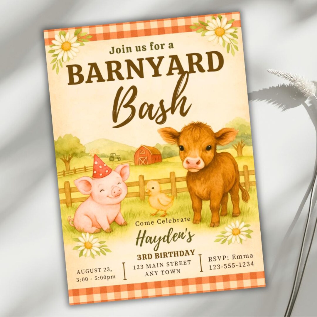 Barnyard Birthday Invitation, Farm Animal Party Invite, Barn Bash 1st ...