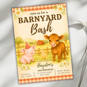 Barnyard Birthday Invitation, Farm Animal Party Invite, Barn Bash 1st Birthday, Editable Canva Template, Printable Kids Farm Invite