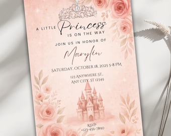 Princess Baby Shower Invitation Template, Pink & Rose Gold Canva Card, Editable Royal Baby Invite, Castle Floral Printable Download