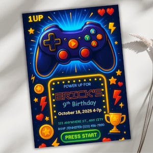 Faire-part d'anniversaire jeu vidéo, Gamer Party inviter modèle de toile modifiable Evite, téléchargement numérique carte Glow anniversaire garçon, 1UP thème du jeu