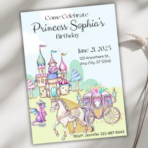 Princess Birthday Invitation Digital, Customizable Party Invite for Girls, Instant Download Canva Template, Printable Fairy Tale Evite