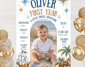 First Birthday Milestone Board, Pirate Photo Poster for Boy, Editable 24x36 Canva Template, First Year Birthday Sign