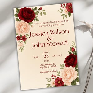 Faire-part de mariage bordeaux et fard à joues, élégant anniversaire floral toile modèle Evite carte, invitation modifiable automne romantique, téléchargement numérique