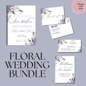 Pacchetto di inviti per matrimonio alla lavanda, set di modelli modificabili per feste in giardino, invito floreale RSVP, cartello di benvenuto con ringraziamento da scaricare