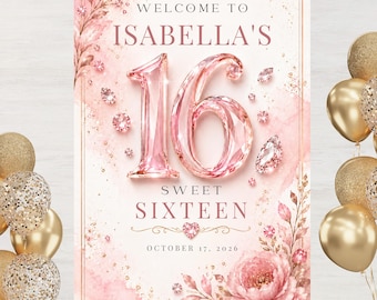 16th Birthday Decorations, Sweet 16 Party Welcome Sign for Girl, Blush Pink Crystal Birthday Sign, Editable 3 Size Template