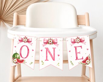 One in a Melon High Chair Banner, Watermelon First Birthday Decorations, Sweet One Cake Smash Decor, Printable PDF, Girl Birthday Banner