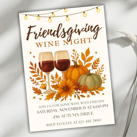 Friendsgiving Wine Night Invitation, Editable Fall Dinner Party Template Evite, Rustic Watercolor Pumpkins & Wine, Canva Instant Download
