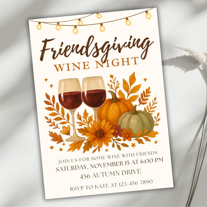 Puede incluir: Una invitaci&oacute;n para una Noche de Vinos de Acci&oacute;n de Gracias. El dise&ntilde;o presenta dos copas de vino tinto, calabazas, girasoles y follaje oto&ntilde;al. El texto incluye los detalles del evento: s&aacute;bado 15 de noviembre a las 18:00, 456 Autumn Drive.