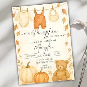 Invitación editable para baby shower de otoño, plantilla de Canva otoñal, invitación de calabaza, baby shower rústico, descarga instantánea, tema neutro