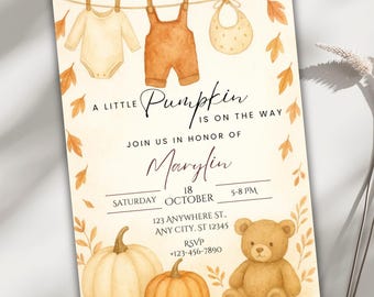 Editable Fall Baby Shower Invitation, Autumn Canva Template, Little Pumpkin Invite, Rustic Baby Shower, Instant Download, Neutral Theme