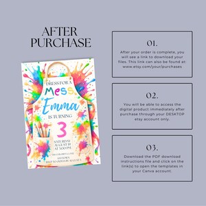 Puede incluir: Una colorida invitaci&oacute;n de cumplea&ntilde;os con un dise&ntilde;o de delantal y salpicaduras de pintura. La invitaci&oacute;n dice "Dress for a Mess Emma is turning 3" con detalles del evento. Tambi&eacute;n se incluyen instrucciones de descarga digital.