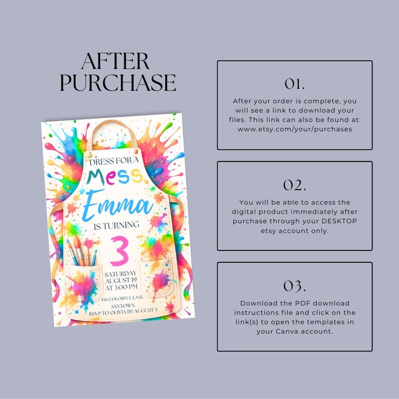 Puede incluir: Una colorida invitaci&oacute;n de cumplea&ntilde;os con un dise&ntilde;o de delantal y salpicaduras de pintura. La invitaci&oacute;n dice "Dress for a Mess Emma is turning 3" con detalles del evento. Tambi&eacute;n se incluyen instrucciones de descarga digital.