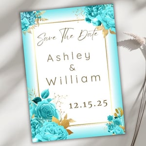 Teal Save the Date Invitation Digital, Customizable Printable Canva Template for Weddings, Instant Download, Blue and Gold Editable Design