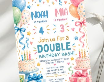 Double Birthday Party Invitation, Sibling Birthday Party Invite, Joint Birthday Invitation for Two Kids, Editable 5x7 Canva Template