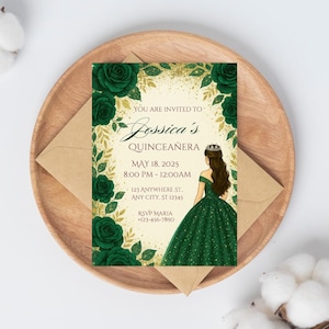 May include: A green and gold Quincea&ntilde;era invitation with a floral design and a drawing of a girl in a green dress. The text reads "You are invited to Jessica's Quincea&ntilde;era May 18, 2025 8:00 PM - 12:00 AM 123 Anywhere St. Any City, ST 12345 RSVP Maria +123-456-7890"