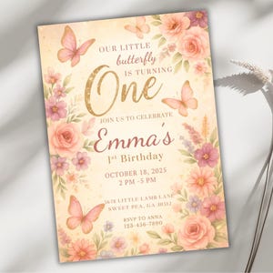 Convite de primeiro aniversário com borboleta floral, festa de menina com jardim brilhante, modelo de cartão editável Canva, download para impressão de chá da tarde