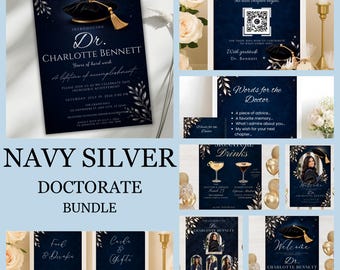 PhD Party Decor Bundle, PhD Graduation Card, Graduation Party Signs, Doctorate Party Decor, Editable Canva Templates