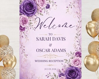 Lavender Wedding Signage, Alternative Wedding Reception Sign, Purple Floral Welcome Sign, Romantic Gothic Wedding Decor