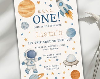 First Trip Around the Sun Birthday Invitation, Space Theme 1st Birthday, Editable Canva Template, Rocket Boy Invite, Digital Download Evite