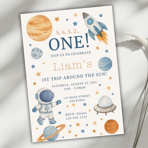 Invito di compleanno per il primo viaggio intorno al sole, tema spaziale per il primo compleanno, modello Canva modificabile, invito per il ragazzo razzo, invito digitale scaricabile