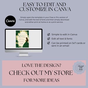 May include: A digital mockup of a Quincea&ntilde;era invitation template on a computer screen. The invitation features a green and gold floral design with a young woman in a green gown. The text on the invitation reads "You are invited to [Name]'s Quincea&ntilde;era". The text below the image reads "Easy to edit and customize in Canva. Simple to edit in Canva. Edit all text & fonts. Can be printed on 5x7 cards or sent in an email. Love the design? Check out my store for more ideas."