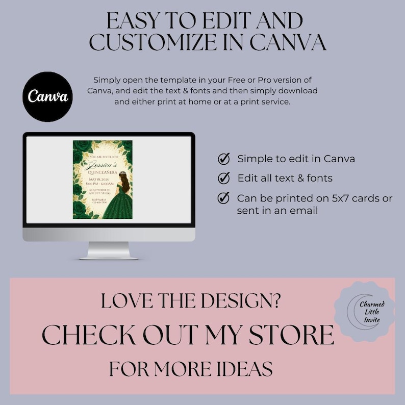 May include: A digital mockup of a Quincea&ntilde;era invitation template on a computer screen. The invitation features a green and gold floral design with a young woman in a green gown. The text on the invitation reads "You are invited to [Name]'s Quincea&ntilde;era". The text below the image reads "Easy to edit and customize in Canva. Simple to edit in Canva. Edit all text & fonts. Can be printed on 5x7 cards or sent in an email. Love the design? Check out my store for more ideas."