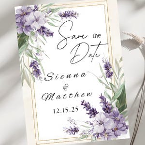 Save the Date Card Editierbare Canva Vorlage Salbei und Lavendel Blumeneinladung