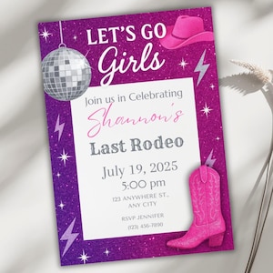 Bearbeitbare Disco Cowgirl Bachelorette Einladung, Canva Vorlage, Let's Go Girls Party einladen, 5 x 7 druckbar, sofortiger Download, Glam Western